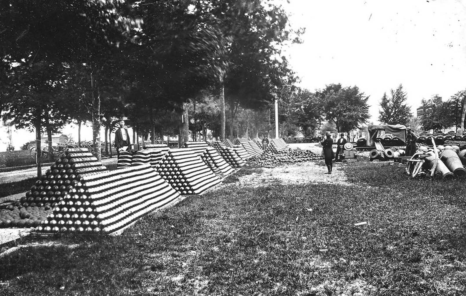 Stacked cannon balls, possibly a view of an arsenal yard in Washington, District of Columbia.